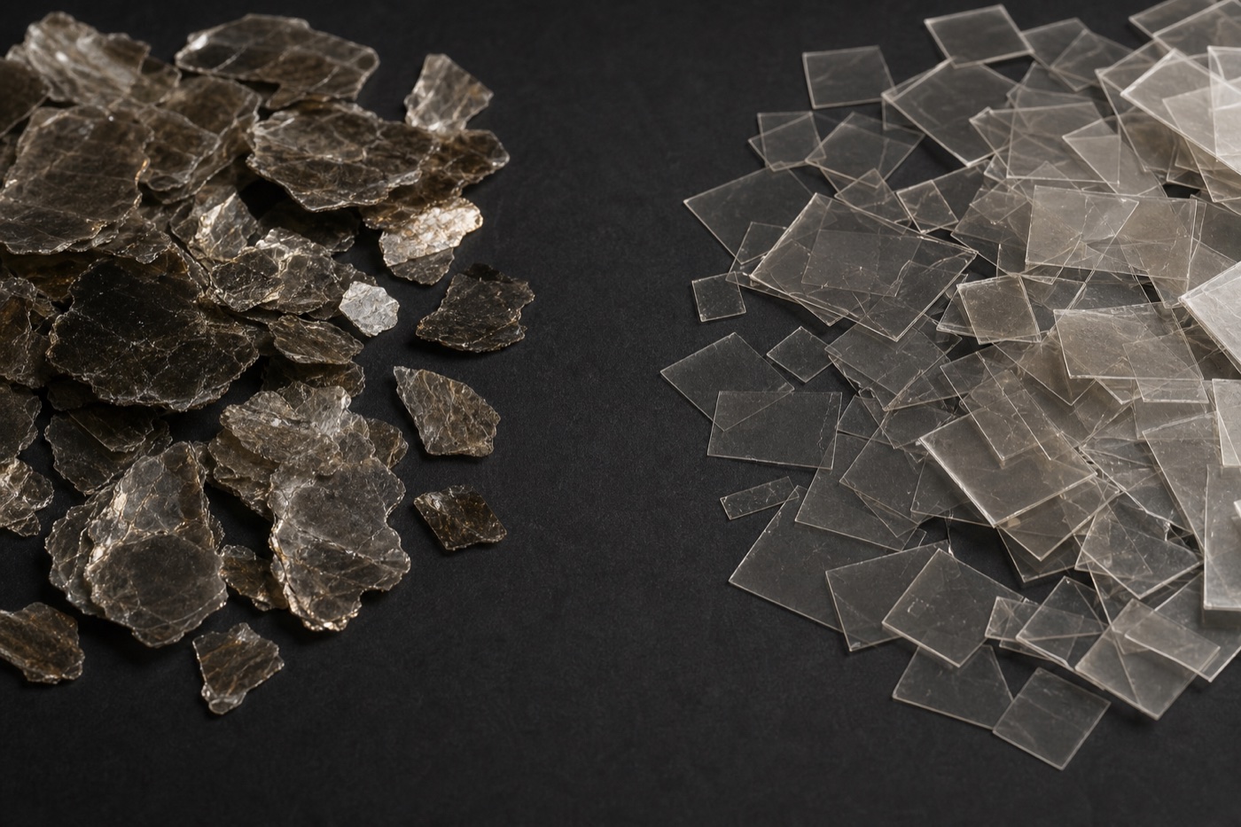 Natural mica flakes beside cleaner and more uniform synthetic mica flakes